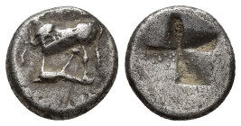 THRACE, Byzantion. Circa 387/6-340 BC. AR Half Siglos (12mm, 2.6 g). Persic standard. Bull standing left on dolphin left / Quadripartite incuse square...