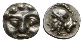 Greek Pisidia. Selge circa 300-200 BC. Obol AR (9mm, 1.1 g) Gorgoneion / Helmeted head of Athena left, astragalos behind.