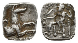 CILICIA, Uncertain. 4th century BC. AR Obol (9mm, 0.2 g). Forepart of wolf right; inverted crescent above; all within circular border of pellets / Baa...