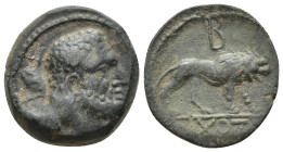 Kings of Galatia. Amyntas 36-25 BC. Dated RY 5=31/30 BC Bronze Æ (21mm, 10.3 g). Head of Herakles to right, club over left shoulder, Є-C to left / Lio...