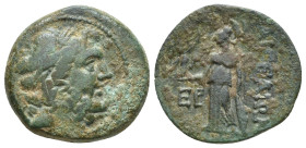 CILICIA. Aigeai. Ae (20mm, 7 g) (2nd-1st centuries BC). Obv: Laureate head of Zeus right. Rev: AIΓEAIΩN. Athena standing left, holding crowning Nike a...