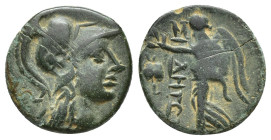 PAMPHYLIA. Side. Ae(15mm, 3 g) (Circa 200-36 BC). Obv: Helmeted head of Athena right. Rev: ΣΙΔ - Η[ΤΩΝ]. Nike advancing left, holding wreath; in left ...