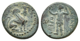 PAMPHYLIA, Perge. Circa 260-230 BC. Æ (13mm, 2.3 g). Sphinx seated right, wearing kalathos / Artemis standing left, holding wreath and scepter.