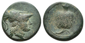 Pamphylia. Side circa 100 BC. Bronze Æ (16mm, 4.3 g). Helmeted head of Athena right / Pomegranate.