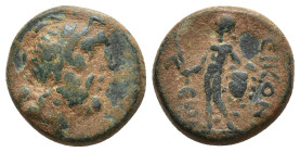 Lycaonia. Eikonion circa 100-27 BC. Bronze Æ (15mm, 4,5 g) Laureate head of Zeus right / Naked Perseus standing left., holding harpa and gorgon's head...