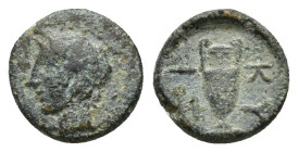 Greek MYSIA. Kyzikos. Ae (4th century BC). ( Bronze. 0.7 g. 9mm) Laureate head of Apollo left. Rev: KY / ZI. Amphora;
