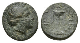 Mysia. Kyzikos circa 350-300 BC. Bronze Æ (11mm, 1.3 g). Head of Kore Soteira right, hair bound in sakkos / KY-ZI, tripod, monogram to right, below, t...