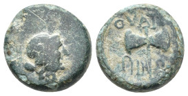 LYDIA, Thyateira. Civic issue 188-133 BC. AE 15, 4.6gr. Obv: laureate head of Apollo r. Rev: ΘYATEIΡHNΩN, bipennis.