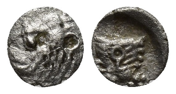 Greek Coins AR hemiobol 0.2gr, 7mm. Obv: head of lion? l. Rev: ?