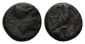Troas, Abydos. Civic coinage. AE 10.1mm, 1.3gr. Obv: Laureate head of Apollo right. Rev: ABY, eagle standing right, wings closed, arrow in bow to righ...