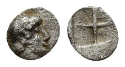 IONIA, Uncertain. Circa 480-450 BC. AR Tetartemorion (4.8mm, 0.1 g). Helmeted male head right / Quadripartite incuse square.