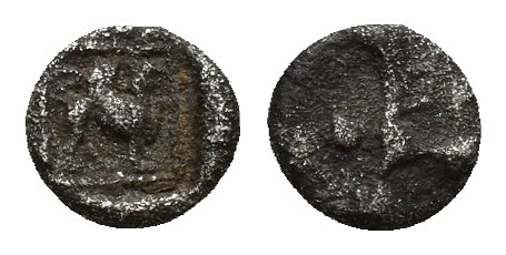 Caria. Kaunos circa 490-470 BC. Hemiobol AR 5.2mm., 0,2g. Winged Iris with outst...