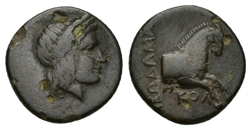 IONIA. Kolophon. Ae (Circa 330-285 BC). 2.1g 14 mm Leodamas, magistrate. Obv: La...