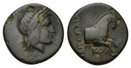 IONIA. Kolophon. Ae (Circa 330-285 BC). 2.1g 14 mm Leodamas, magistrate. Obv: Laureate head of Apollo right. Rev: KOΛ / ΛΕΩΔΑΜΑΣ. Forepart of bridled ...
