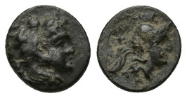 Mysia, Pergamon, c. 310-282 BC. Æ (9.8mm, 1.1g). Head of Herakles r., wearing lion skin. R/ Helmeted head of Athena r.