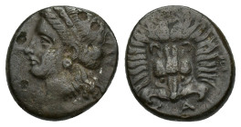 ISLANDS OFF IONIA, Samos. Circa 408/4-380/66 BC. AE (Bronze, 12.8 mm, 2.6 g,). Head of Hera to left, wearing stephane. Rev. ΣA Facing lion scalp.