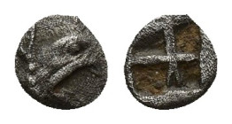 Ionia, Teos. Ca. A.D. 500-475 B.C. AR tetartemorion (4.3 mm, 0.1 g). Head of gryphon right / Quadripartite incuse square