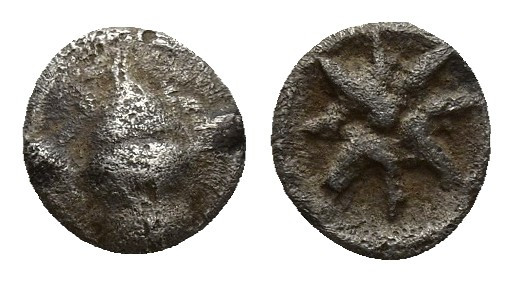 Greek coins, AR 0.1g 6.2mm Obv: Lion ? Facing Rev: Stellate floral pattern withi...