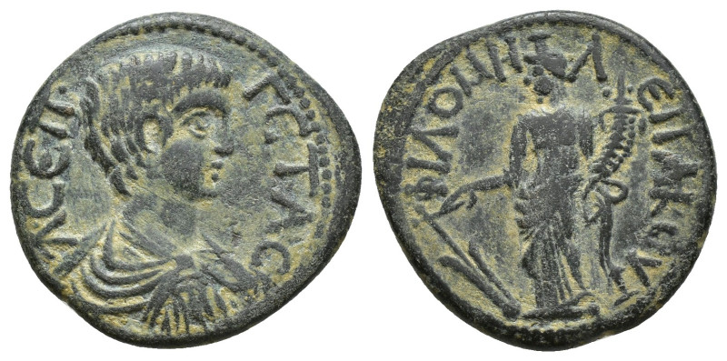 Phrygia, Philomelium, Geta, as Caesar, Æ (21mm, 5.8 g) AD 198-209. Akoutos III, ...