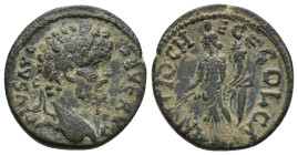 PISIDIA, Antiochia. Septimius Severus. AD 193-211. Æ (22mm, 6.5 g). Struck circa AD 203-211. Laureate head right / Tyche standing left, holding branch...