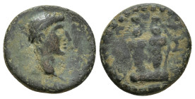 PAMPHYLIA. Aspendus. Augustus (27 BC-AD 14). Ae. (18mm, 4.3 g) Obv: Bare head right. Rev: A - Σ. Facing statues of the Aproditai Kastnietides.