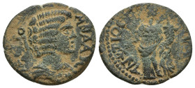 PISIDIA, Antiochia. Julia Domna. Augusta, AD 193-217. Æ (20mm, 5.2 g). Bareheaded and draped bust right / Tyche standing left, holding rudder and corn...