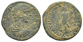 PHRYGIA. Peltae. Geta (209-211). Ae. (21mm, 5.5 g) Obv: ΠO CEΠT ΓETAC KAI. Bare-headed, draped and cuirassed bust right. Rev: ΠEΛTHNΩN MACTP MHTPOBIOY...