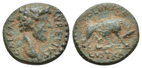 Lycaonia, Lystra. Marcus Aurelius. As Caesar, A.D. 138-161. (15mm, 2.4 g). CAESAR AVRELIVS, Bare head of Marcus Aurelius right / COL AVG E / LVSTRA, s...