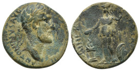 Lycaonia, Lystra. (22mm, 7.7 g) Antoninus Pius. A.D. 138-161. ANTONINVS AVG PIVS P P TR P COS IIII, laureate head of Antoninus Pius right Rev. MINERVA...