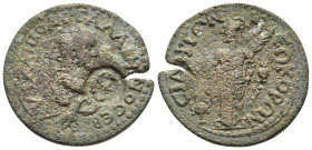 PAMPHYLIA, Side. Gallienus. AD 253-268. Æ 11 Assaria (31mm, 14 g). Laureate, draped, and cuirassed bust right, seen from behind, being supported by an...