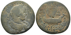 CILICIA, Tarsus. Caracalla. AD 198-217. Æ (32mm, 17.7 g). Struck AD 214-217. Laureate, draped, and cuirassed bust right / Galley right with full sail ...