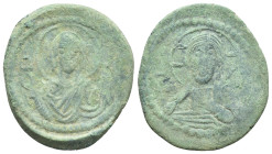 Anonymous (attributed to Romanus IV). Ca. 1068-1071. Æ follis (26 mm, 8 g). Constantinople. Facing bust of Christ Pantokrator / Facing bust of the Vir...