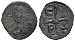Romanus IV Æ 40 Nummi. Constantinople, AD 1068-1071. 25.4 mm, 8.5 g Bust of Christ facing, holding Gospels; pelleted cross behind, IC-XC NI-KA in two ...