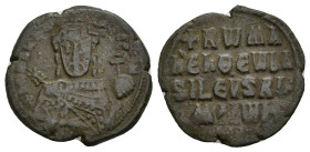 Romanus I Lecapenus AD 920-944. Constantinople Follis AE (26.1mm, 10.5 g) +RWMAh bASILEVS RWM, crowned, bearded, facing bust of Romanus, wearing chlam...