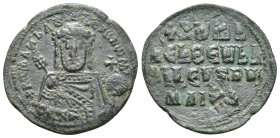 Romanus I Æ Nummus. AD 920-944. (26mm, 4.7g ) +RѠmAn' bASILЄVS RѠm', facing bust of Romanus I, bearded, wearing crown with cross and jewelled chlamys,...