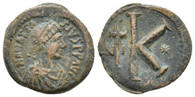 Anastasius, 491 – 518. 20 nummi, Nicomedia 498-518, Æ (20.2mm, 4.4 g). D N ANASTA – SIVS P P AVG pearl-diademed, draped and cuirassed bust r. Rev. Lar...