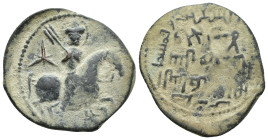 Seljuks. Rum. Rukn al-Din Sulayman bin Qilich Arslan (As sultan, AH 593-600 / 1197-1204 AD). Ae (27mm, 8 g) Fals. Obv: Warrior, head facing and holdin...