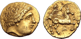 Central Gaul or Helvetia, Arverni/Sequani-Helvetii (?) AV Quarter Stater. Besancon type, imitating Philip II of Macedon. Circa 3rd century BC. Head of...