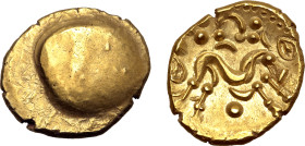 Northeast Gaul, the Ambiani AV Stater. Gallic War uniface type. Circa 56-55 BC. Plain / Devolved horse to right; pellet triad and 'charioteer's arms' ...