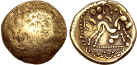 Northeast Gaul, the Ambiani AV Stater. Gallic War uniface type. Circa 56-55 BC. Plain (evidence of an underlying design?) / Devolved horse to right; p...