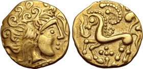 Northeast Gaul, the Parisi AV Quarter Stater. Circa 60-40 BC. Stylised head of Apollo to right; double volute before, club(?) below chin, [zig-zag lin...