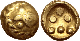 Central Europe, the Vindelici AV Stater. Regenbogenschüsselchen Type II C. Circa 2nd - 1st century BC. Bird's head to left, beak between two pellets. ...