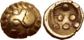 Central Europe, the Vindelici AV Stater. Regenbogenschüsselchen Type II D. Circa 2nd - 1st century BC. Bird's head to left, beak between two pellets. ...