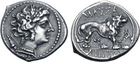 Gaul, Massalia AR Drachm. Circa 150-130 BC. Bust of Artemis to right, with bow and quiver over shoulder / Lion standing to right; A in right field, ΜΑ...