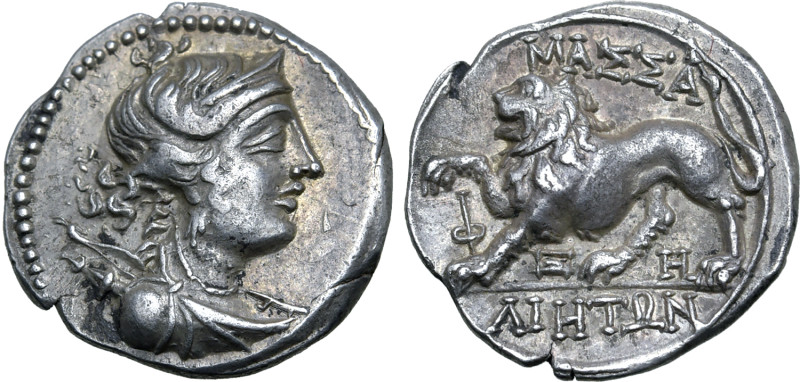 Gaul, Massalia AR Drachm. Circa 130-121 BC. Bust of Artemis to right, with bow a...