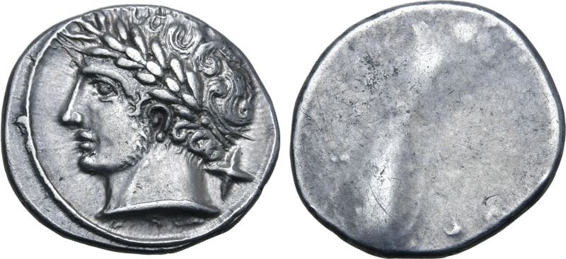 Etruria, Populonia AR 10 Asses. 3rd century BC. Laureate head of Aplu to left; X...