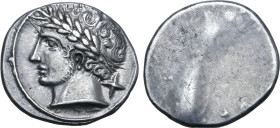 Etruria, Populonia AR 10 Asses. 3rd century BC. Laureate head of Aplu to left; X (mark of value) behind / Blank. EC I, 70.136 (this coin, O1); HN Ital...