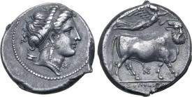 Campania, Neapolis AR Stater. Circa 300-275 BC. Diademed head of Parthenope to right, astragalos behind, monogram before / Man-headed bull walking to ...