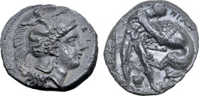 Lucania, Herakleia AR Stater. Circa 330 BC. Eu- and Apol-, magistrates. Head of Athena to right, wearing crested Attic helmet decorated with Skylla hu...