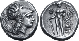 Lucania, Herakleia AR Stater. Circa 330-280 BC. Atha-, magistrate. Head of Athena to right, wearing crested Corinthian helmet decorated with Skylla hu...
